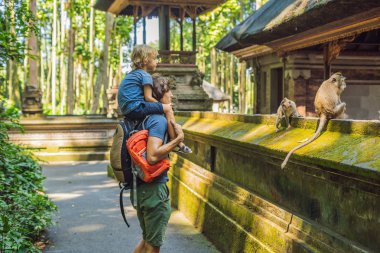 Baba ve oğul yolcuları maymun orman, Bali Endonezya Ubud ormanda keşfetmek. Çocuk kavramı ile seyahat.