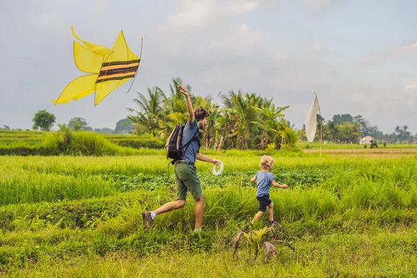 Apa Fia Dob Egy Sárkány Ubud Bali Szigetén Indonézia Rizs — Stock Fotó