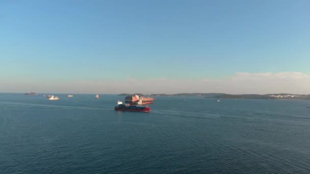 Luftaufnahme zweier großer Containerschiffe in der Bucht — Stockvideo