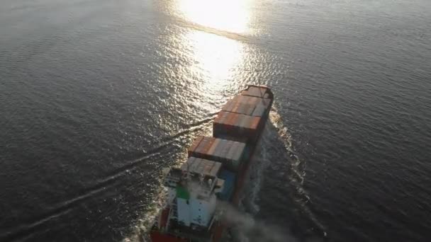 Vladivostok, Ryssland - 04. 07. 2018: antenn skott av en stora containerfartyg som flyttar in i hamn — Stockvideo