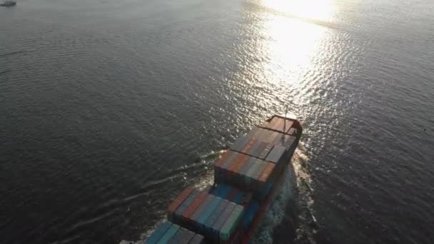 Vladivostok, Rusland - 04. 07. 2018: luchtfoto van een groot containerschip verhuizen naar poort — Stockvideo