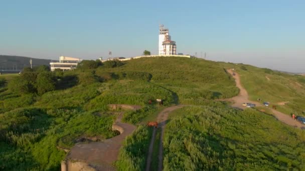 Luchtfoto van een groep van paarden-paarden grazen op de top van een heuvel met een enorme kabel-brug in de buurt — Stockvideo