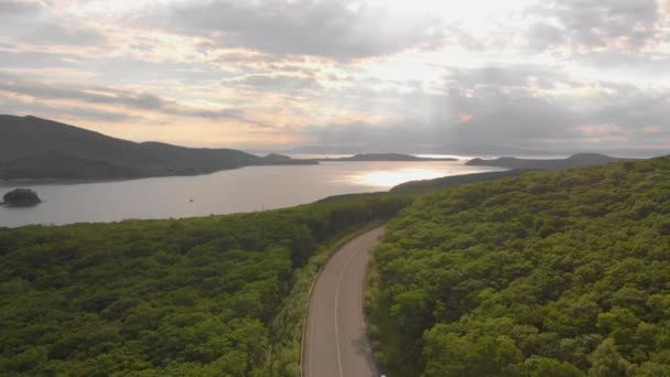 Aerial shot - drone moves above road and forest with a sea nearby — Stock Video