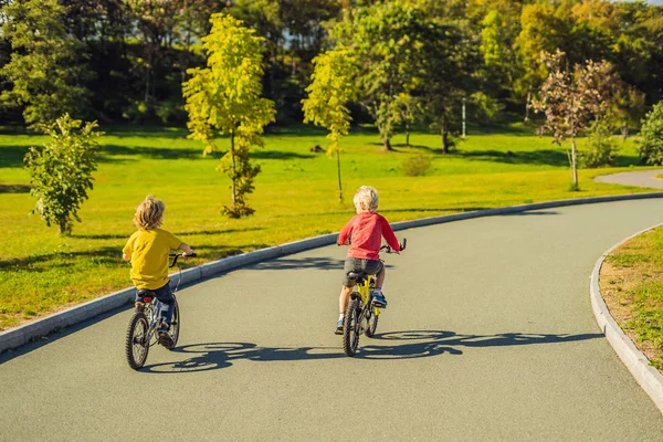 Δύο χαρούμενα αγόρια ποδήλατο στο πάρκο — Φωτογραφία Αρχείου