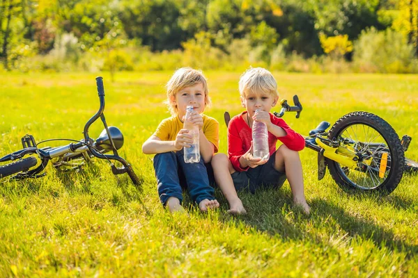 Δύο μικρά αγόρια πίνουν νερό στο πάρκο μετά από ένα ποδήλατο — Φωτογραφία Αρχείου