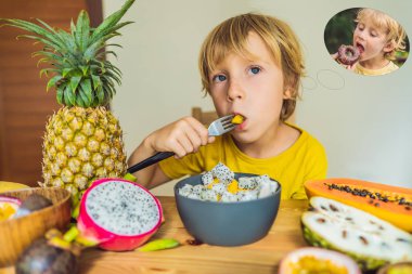 Çocuk ama çörek hakkında hayal meyve yiyor. Çocuklar için zararlı ve sağlıklı gıda. Sağlıklı beslenme çocuk snack. Vejetaryen beslenme çocuklar için. Çocuklar için vitaminler. Abur cubur kavramı