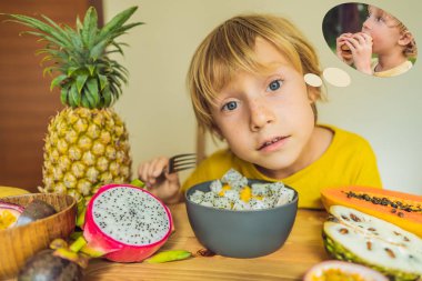 Çocuk meyve ama hayal hakkında hamburger yiyor. Çocuklar için zararlı ve sağlıklı gıda. Sağlıklı beslenme çocuk snack. Vejetaryen beslenme çocuklar için. Çocuklar için vitaminler. Abur cubur kavramı