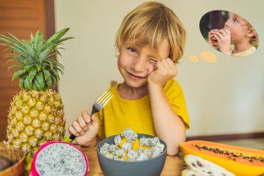 Çocuk meyve ama hayal hakkında hamburger yiyor. Çocuklar için zararlı ve sağlıklı gıda. Sağlıklı beslenme çocuk snack. Vejetaryen beslenme çocuklar için. Çocuklar için vitaminler. Abur cubur kavramı