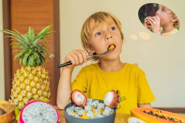 Çocuk meyve ama hayal hakkında hamburger yiyor. Çocuklar için zararlı ve sağlıklı gıda. Sağlıklı beslenme çocuk snack. Vejetaryen beslenme çocuklar için. Çocuklar için vitaminler. Abur cubur kavramı