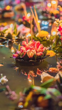 Loy Krathong Festivali, insanlar çiçek ve mum ışık ve su Instagram mobil hikaye veya hikayeler boyutuna Tayland dikey biçimde Loy Krathong Festivali kutlamak için float için satın. Cep
