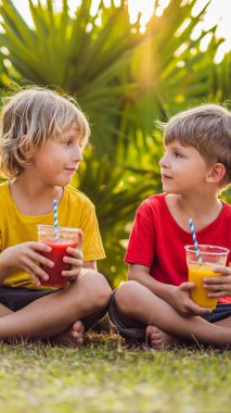 İki erkek sağlıklı smoothies fon ve palmiye ağaçlarının karşı iç. Mango ve karpuz smoothies. Sağlıklı beslenme ve çocuk dikey biçim Instagram mobil hikaye veya hikayeler için vitaminler