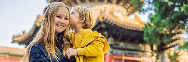 Enjoying vacation in China. Mom and son in Forbidden City. Travel to China with kids concept. Visa free transit 72 hours, 144 hours in China BANNER, LONG FORMAT