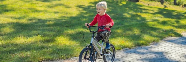 Счастливый мальчик 5 лет развлекаясь в парке с велосипедом в прекрасный день BANNER, LONG FORMAT — стоковое фото