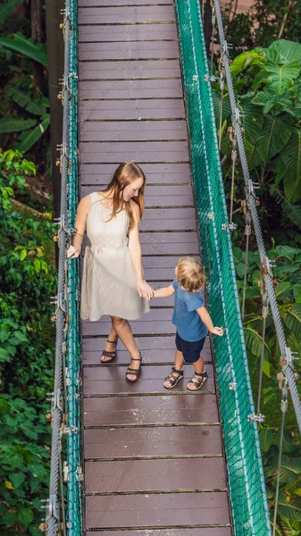 マレーシア、クアラルンプールの吊り橋で母と息子、Instagram のモバイルストーリーや物語のサイズのための垂直フォーマット。モバイル壁紙 — ストック写真