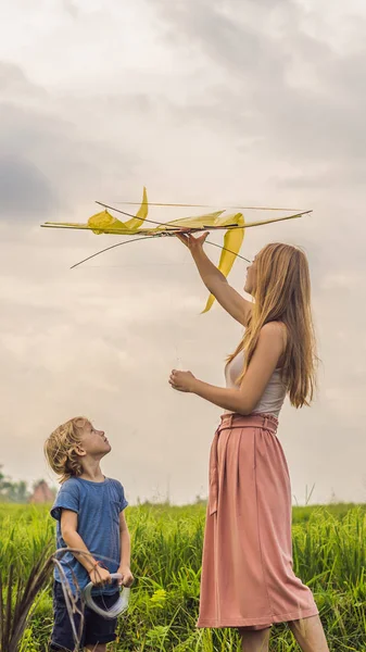 Moeder en zoon lanceren een vlieger in een veld van de rijst in Ubud, Bali eiland, Indonesië verticale indeling voor mobiele verhaal Instagram of verhalen grootte. Mobiele achtergronden — Stockfoto