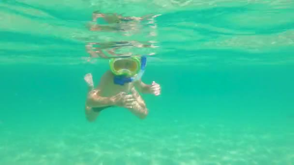 4k underwater shot of a cute little boy snorkeling with a mask and tube in a tropical sea with lots of tropical fishes surrounding him — Stock Video