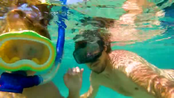 4 k onderwater schot van een schattige kleine jongen en zijn vader snorkelen met een maskers en buizen in een tropische zee met veel tropische vissen die hen omringen — Stockvideo