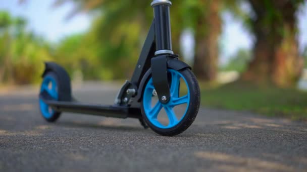 Slowmotion shot of a scooter on a troical background — Stock Video