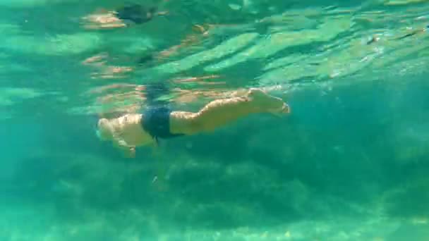 4k colpo subacqueo di un ragazzo carino snorkeling con una maschera e tubo in un mare tropicale con un sacco di pesci tropicali che lo circondano — Video Stock