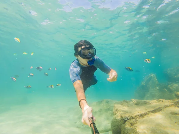 Unga män snorkling utforska undervattens korall rev landskap bakgrund i det djupa blå havet med färgglada fiskar och marint liv — Stockfoto