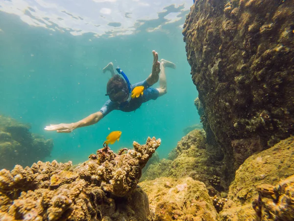 Young men snorkeling exploring underwater coral reef landscape background in the deep blue ocean with colorful fish and marine life — Stock Photo, Image