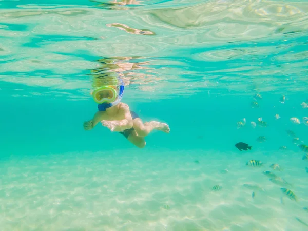 Undervattens natur studie, pojke snorkling i klarblå havet — Stockfoto