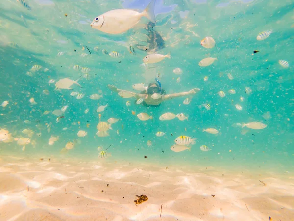 Joyeux jeune femme nageant sous l'eau dans l'océan tropical — Photo