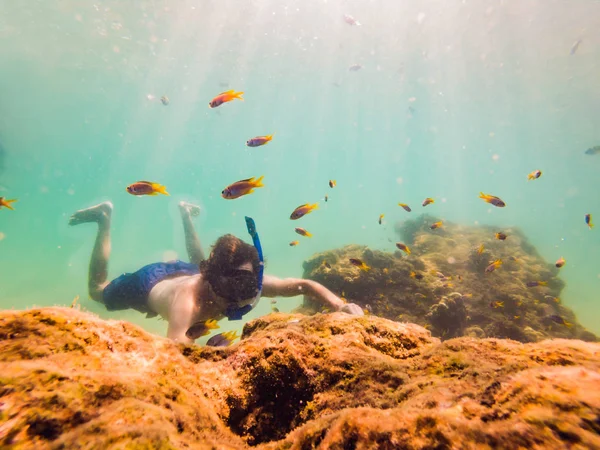 Unga män snorkling utforska undervattens korall rev landskap bakgrund i det djupa blå havet med färgglada fiskar och marint liv — Stockfoto
