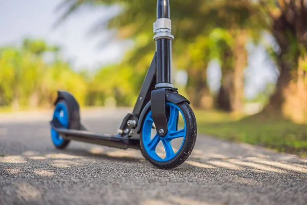 Kick scooter in het Park. Outdoor activiteit voor kinderen op veilige residentiële straat. Actieve sport voor Preschool Kid — Stockfoto