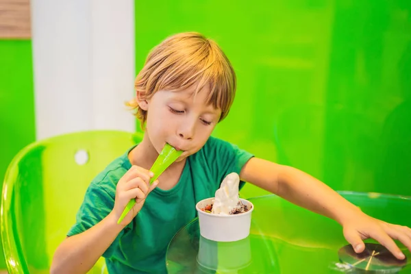 Happy young boy eating a tasty ice cream or frozen yogurt — Stock Photo, Image