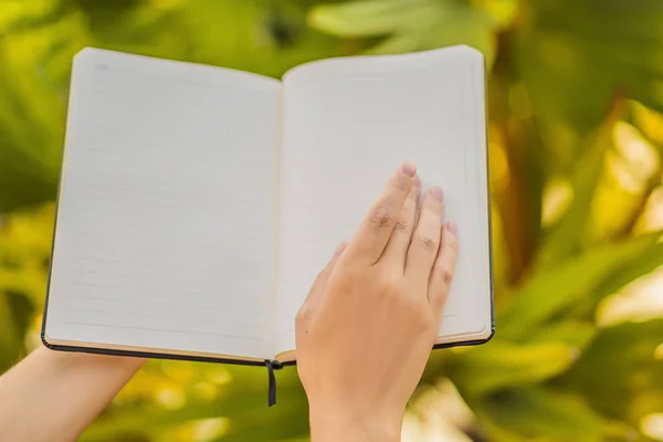 Mani delle donne in uno sfondo tropicale con un cartello, blocco di disegno, carta, mockup — Foto Stock