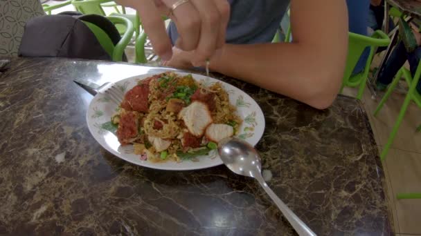 Man äter en traditionell malaysisk och indonesisk mat-Mie Goreng insvept i ett stekt ägg. Resa till Malaysia och Indonesien Concept — Stockvideo