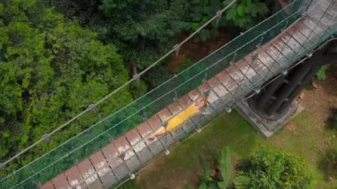 Genç bir kadının havadan çekilmiş fotoğrafı, ormanların üzerindeki asma köprüye uzanıyor. Güney Doğu Asya konseptine seyahat