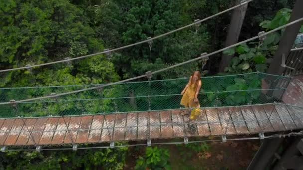 Un disparo aéreo de una mujer joven y su hijo pequeño caminando sobre un puente de suspensión sobre las selvas. Vacaciones en el concepto tropical — Vídeos de Stock