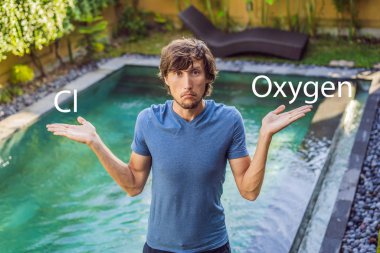 Man chooses chemicals for the pool chlorine or oxygen. Swimming pool service and equipment with chemical cleaning products and tools clipart