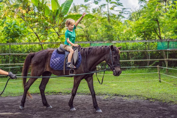 Ragazzo a cavallo, esecuzione di esercizi a cavallo — Foto Stock