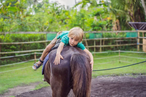 Garçon équitation, effectuer des exercices à cheval — Photo