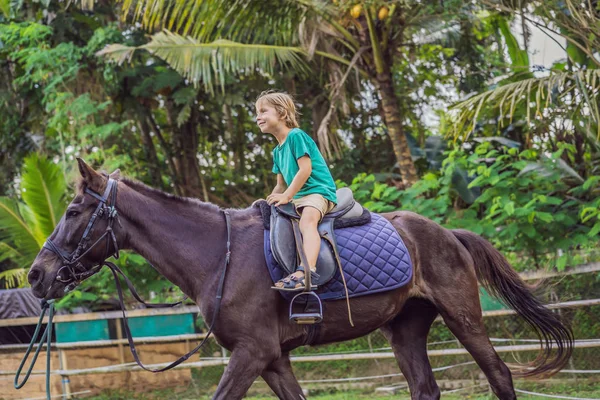 Garçon équitation, effectuer des exercices à cheval — Photo