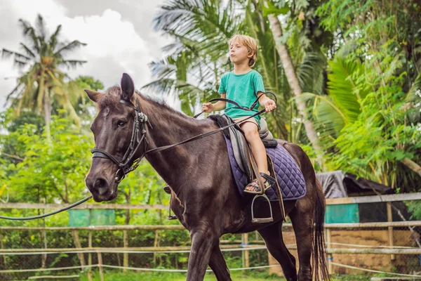 Garçon équitation, effectuer des exercices à cheval — Photo