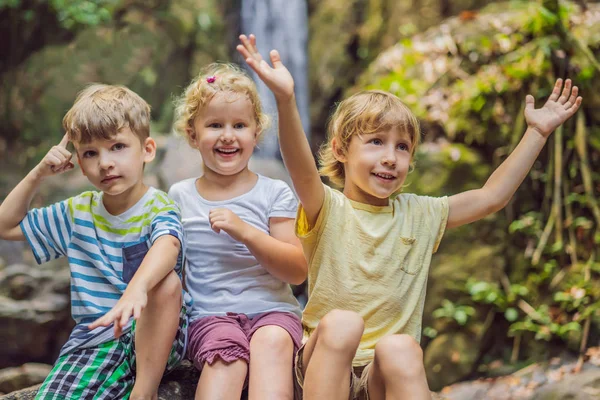 Kinderen rusten tijdens een wandeling in het bos — Stockfoto