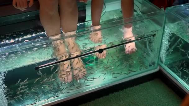 4x veces Lento disparo de una mujer joven y su pequeño hijo visitando un spa de peces. Procedimiento cosmético pelado de peces — Vídeo de stock