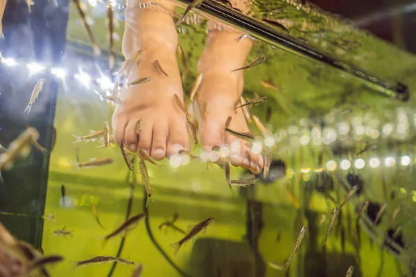 Baby jongen voeten in de Fish Spa — Stockfoto