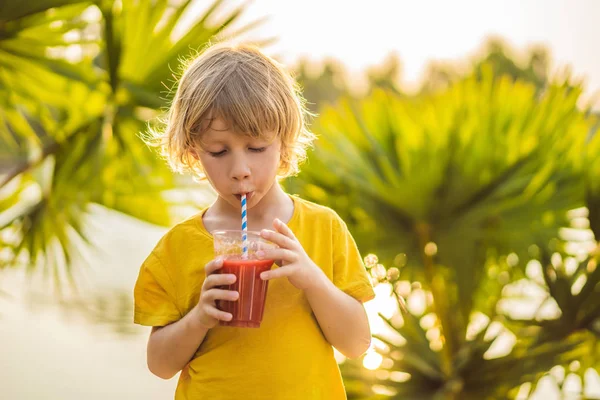 Мальчик пьет здоровые коктейли на фоне пальм. Арбузные коктейли. Здоровое питание и витамины для детей — стоковое фото