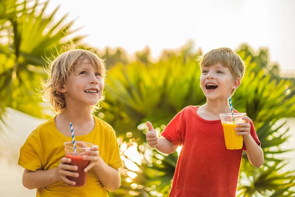 Два мальчика пьют здоровые коктейли на фоне пальм. Манго и арбузные коктейли. Здоровое питание и витамины для детей — стоковое фото