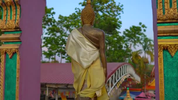 Steadicam снимок маленьких статуй Будды в искушении Ват Шрисунтерн на острове Пхукет, Таиланд. Концепция путешествия в Таиланд — стоковое видео