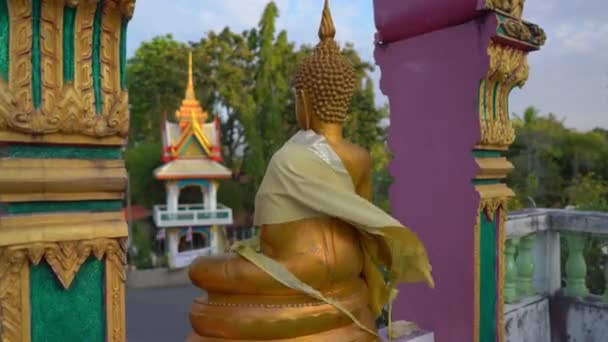 Foto Steadicam di piccole statue di Buddha nel tempio di Wat Srisoonthorn sull'isola di Phuket, Thailandia. Viaggio in Thailandia concetto — Video Stock