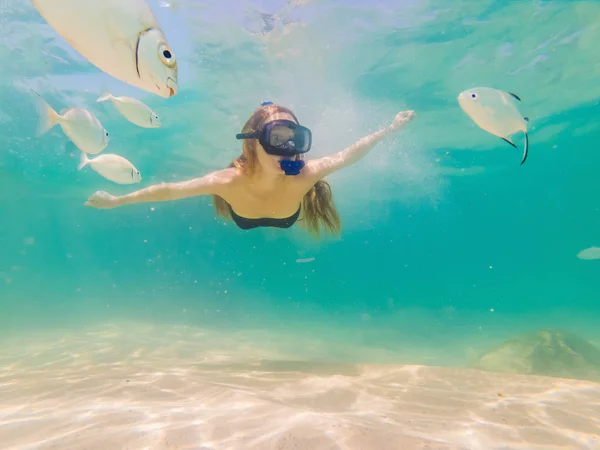 Lycklig kvinna i snorkling mask under vattnet med tropiska fiskar i Coral Reef Sea pool. Travel Lifestyle, vattensport utomhus äventyr, simlektioner på Summer Beach Holiday — Stockfoto