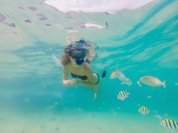 Femme heureuse en masque de plongée avec tuba plongée sous-marine avec des poissons tropicaux dans la piscine de récif corallien. Style de vie de voyage, sports nautiques aventure en plein air, cours de natation pendant les vacances à la plage — Photo