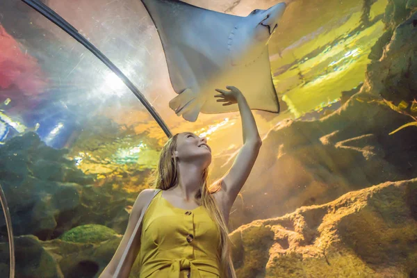 Jonge vrouw raakt een pijlstaartrog vis in een oceanarium tunnel aan — Stockfoto