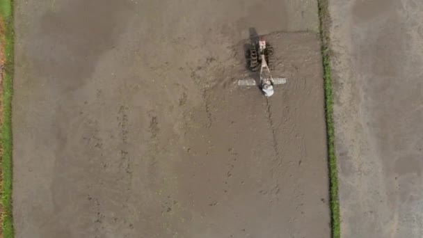 Tiro aéreo de agricultores fazendo arar o campo com prepará-lo para a plantação de arroz — Vídeo de Stock